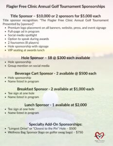 Golf tournament sponsorship flyer listing Title, Hole, Beverage Cart, Breakfast, and Lunch Sponsor options with prices and benefits, plus specialty add ons Image of a golf ball on grass in background
